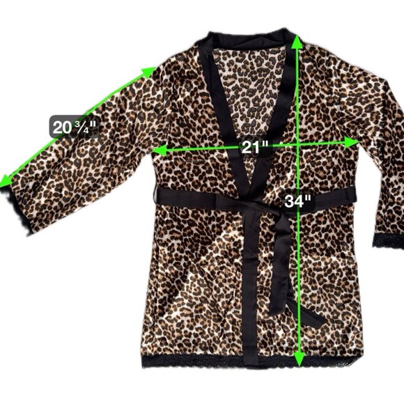 New Leopard Print Robe Womens Medium Long Sleeve Black Lace Trim Satin Mob Wife - Picture 5 of 14